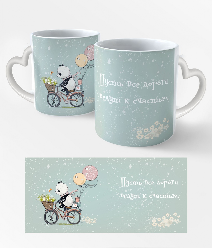 Кружка сердечко Панда на велосипеде (00292С)